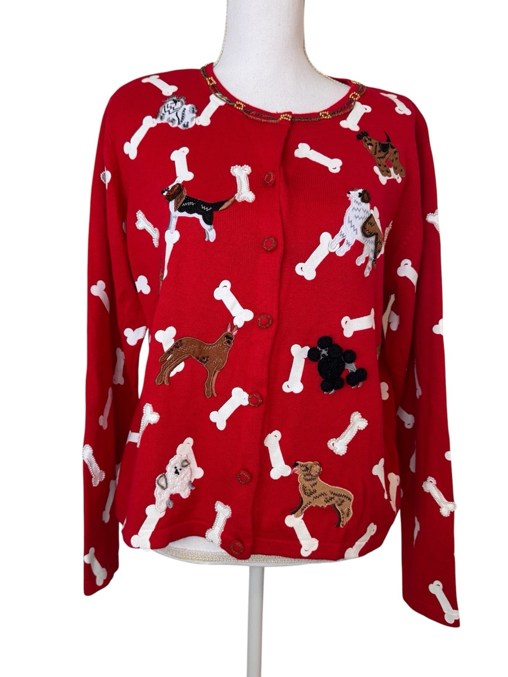 Berek Dog Lover Novelty Cardigan Sweater Large Beaded Embroidered Y2K
